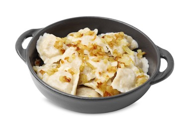 Photo of Cooked dumplings (varenyky) with tasty filling and fried onions on white background