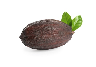 Photo of Cocoa pod and leaves on white background