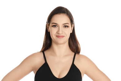 Portrait of beautiful young woman on white background