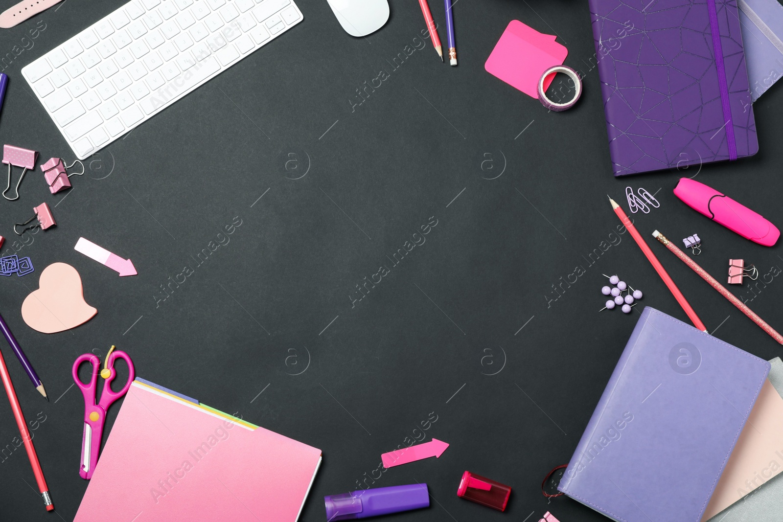 Photo of Flat lay composition with keyboard and stationery on black background, space for text. Designer's workplace