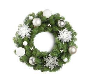 Beautiful Christmas wreath with festive decor isolated on white, top view