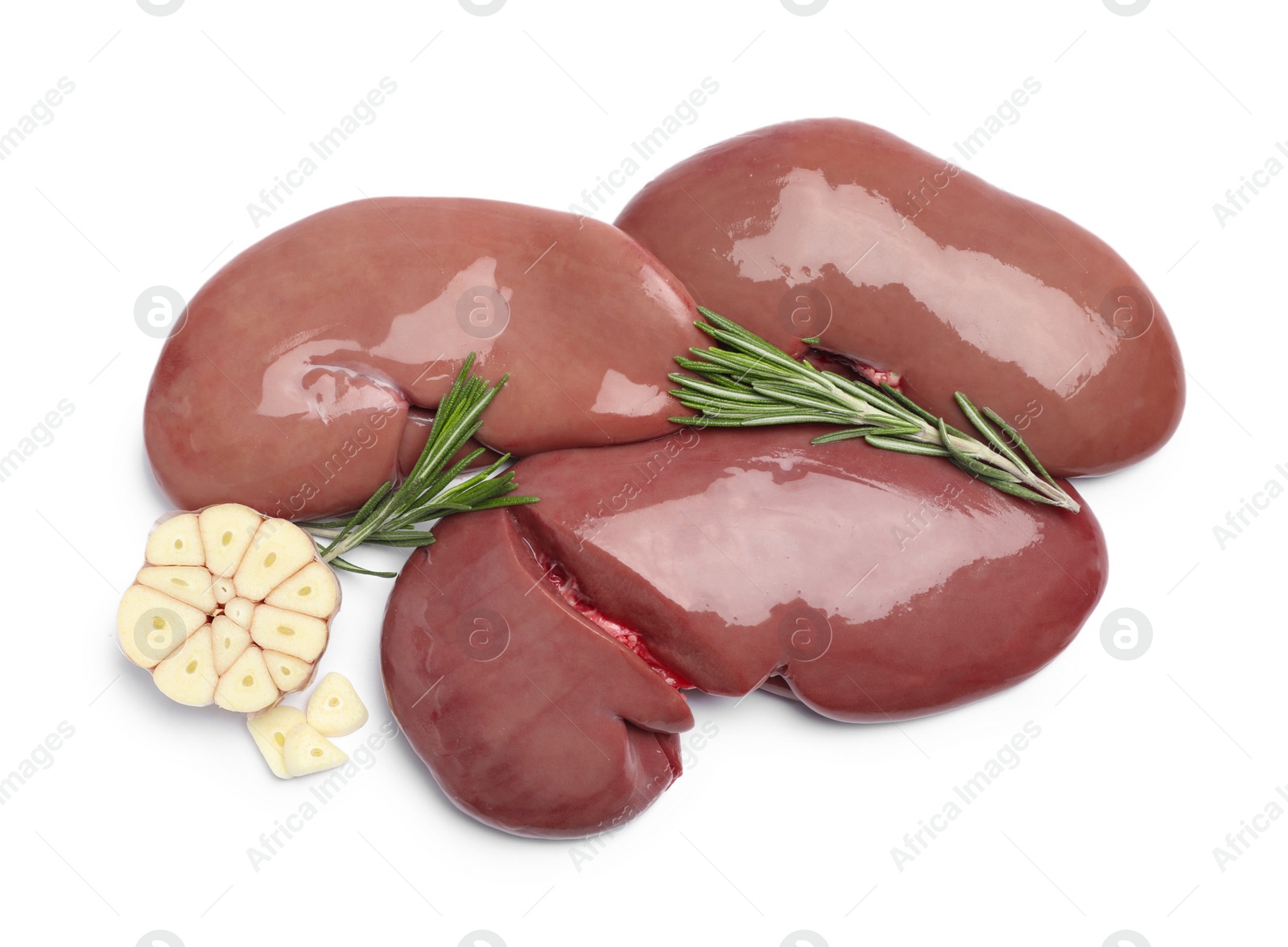 Photo of Fresh raw pork kidneys with rosemary and garlic on white background, top view
