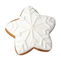 Photo of Tasty star shaped Christmas cookie with icing isolated on white