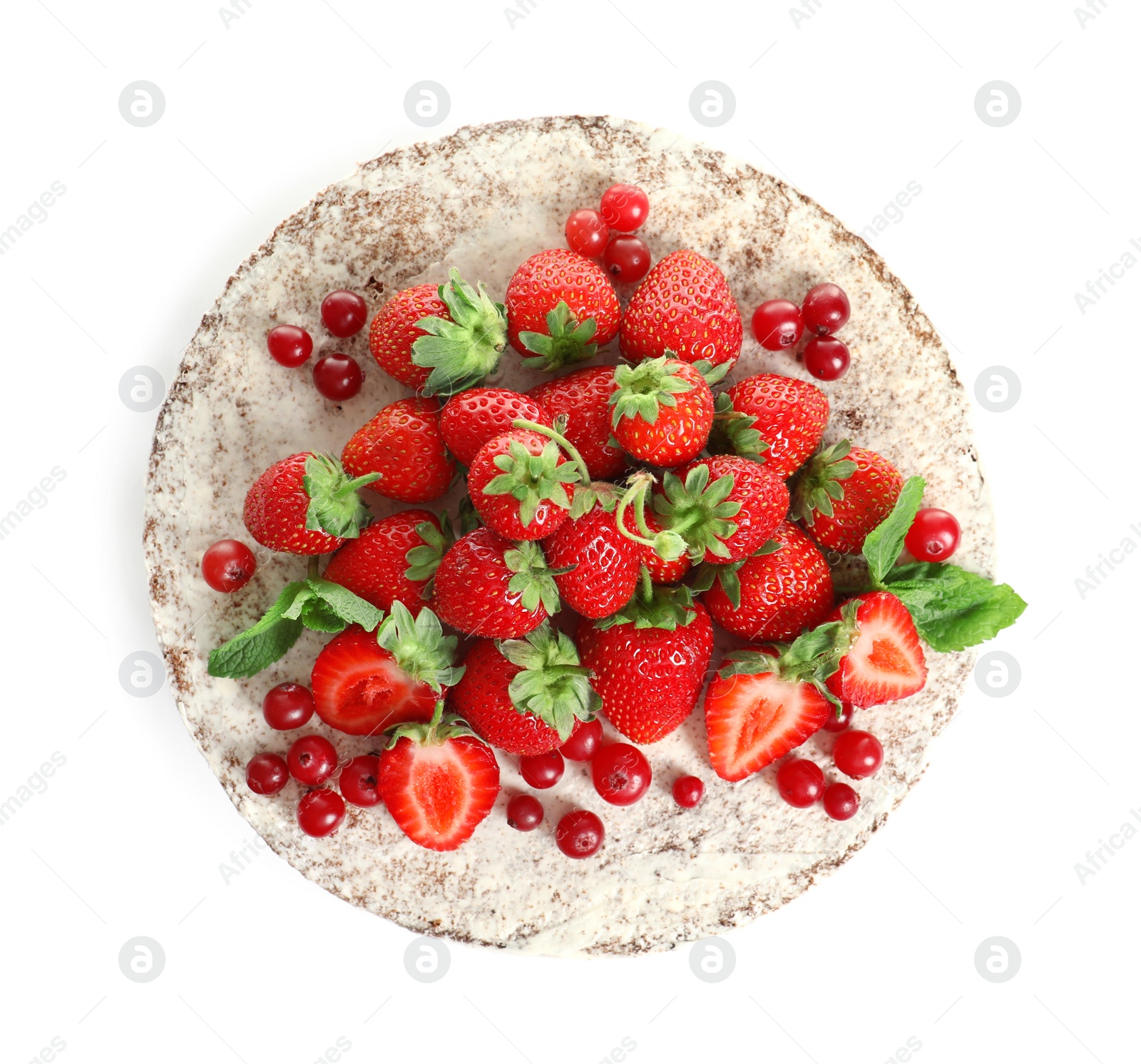 Photo of Delicious homemade cake with fresh berries on white background, top view