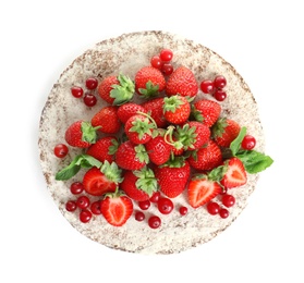 Delicious homemade cake with fresh berries on white background, top view