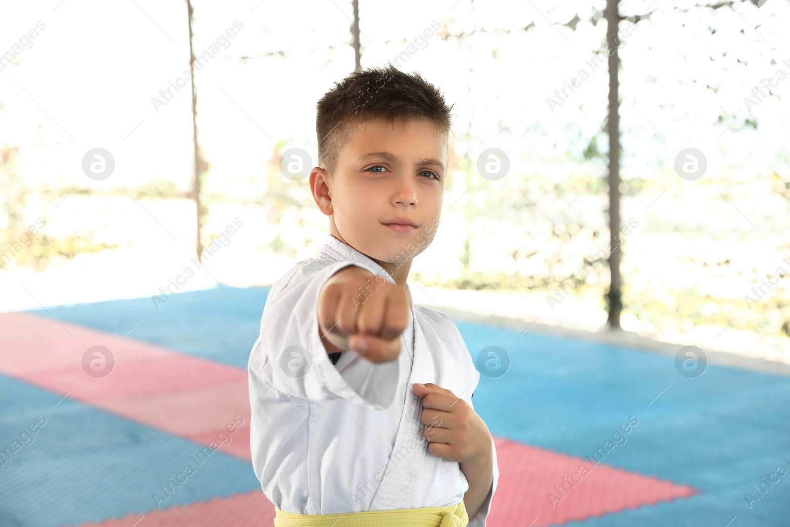 Photo of Boy in kimono practicing karate on tatami outdoors