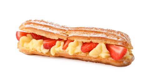 Photo of Delicious eclair filled with cream and strawberries isolated on white