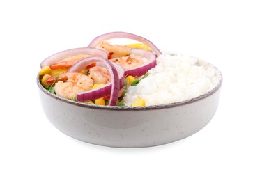 Delicious poke bowl with shrimps, rice and vegetables isolated on white