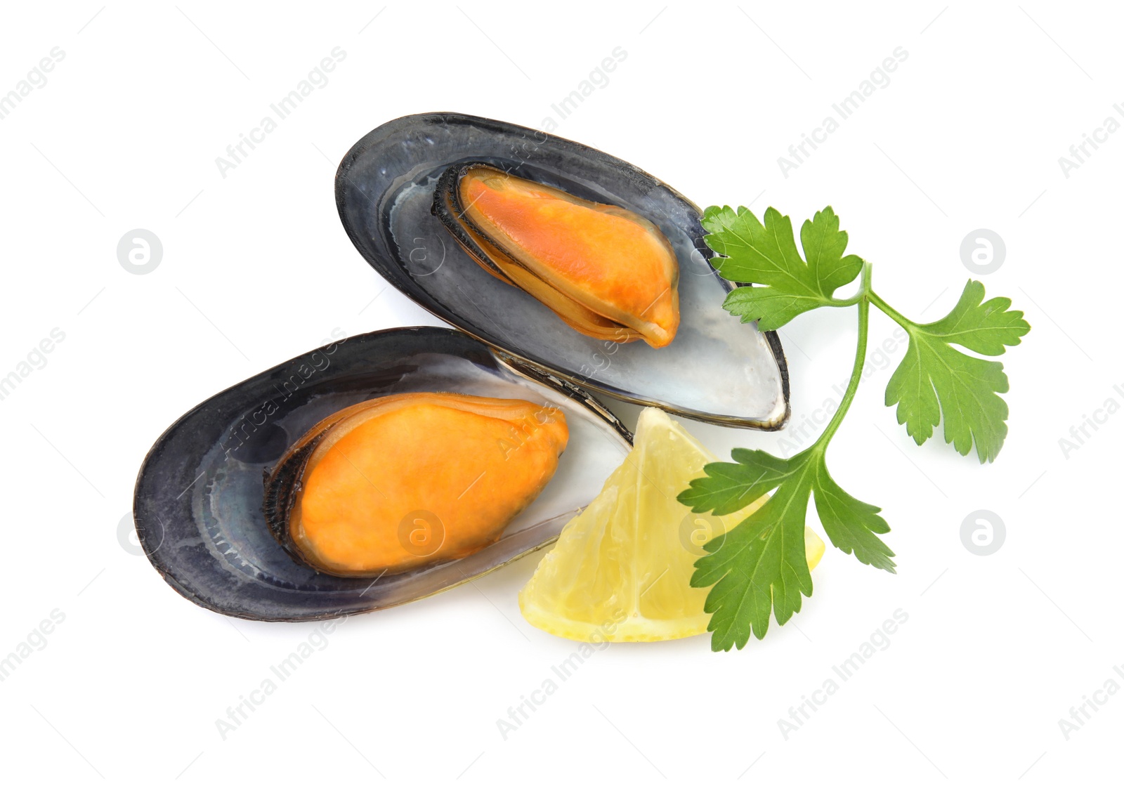 Photo of Delicious cooked mussels with parsley and lemon on white background, top view