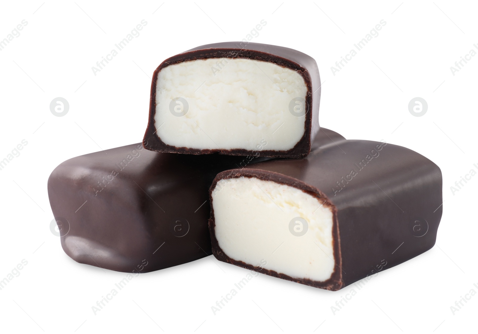 Photo of Delicious cut and whole glazed cheeses on white background