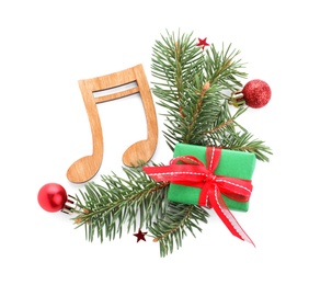 Photo of Composition with wooden music note on white background, top view. Christmas celebration