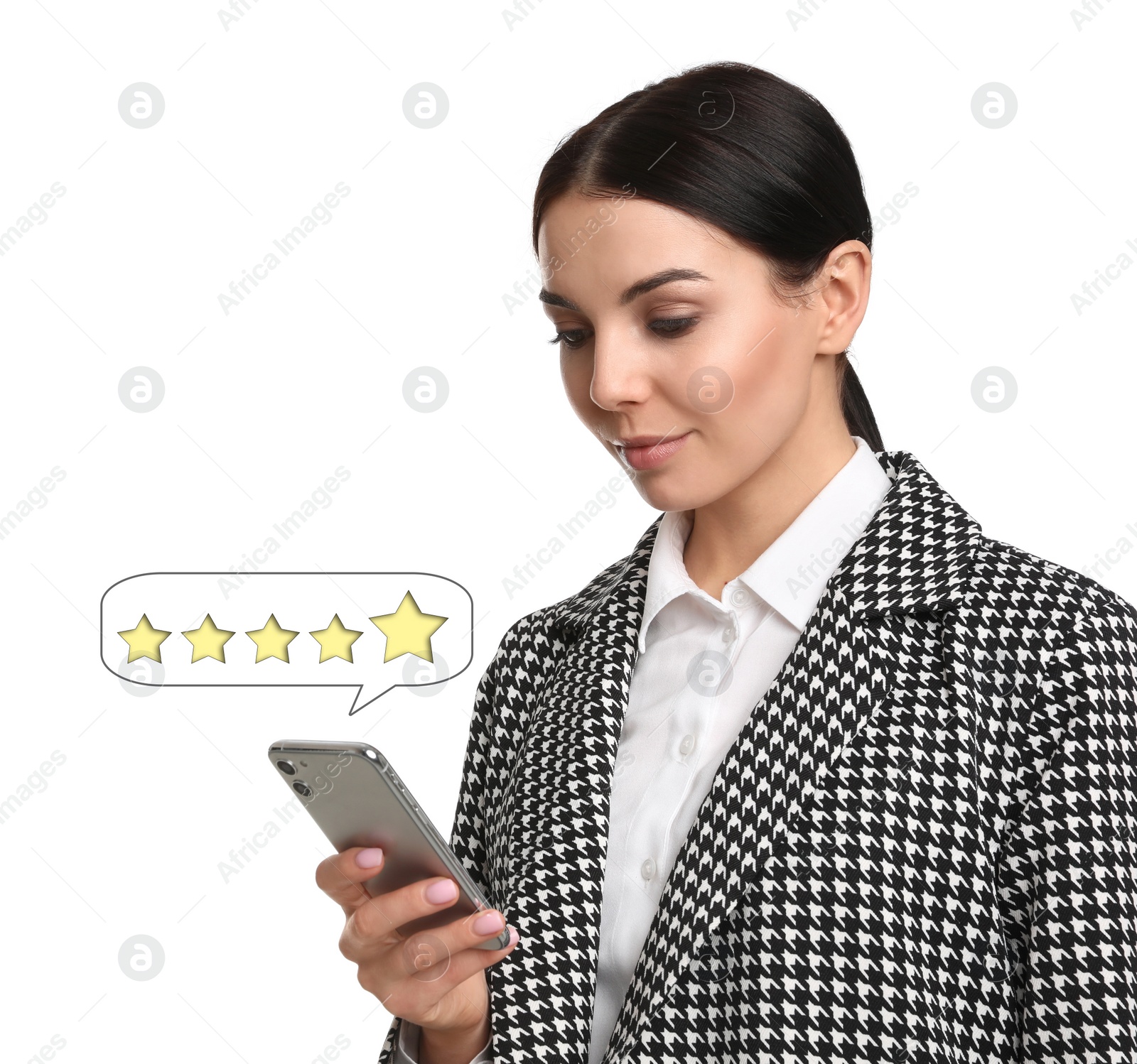 Image of Woman leaving review online via smartphone on white background. Five stars over gadget