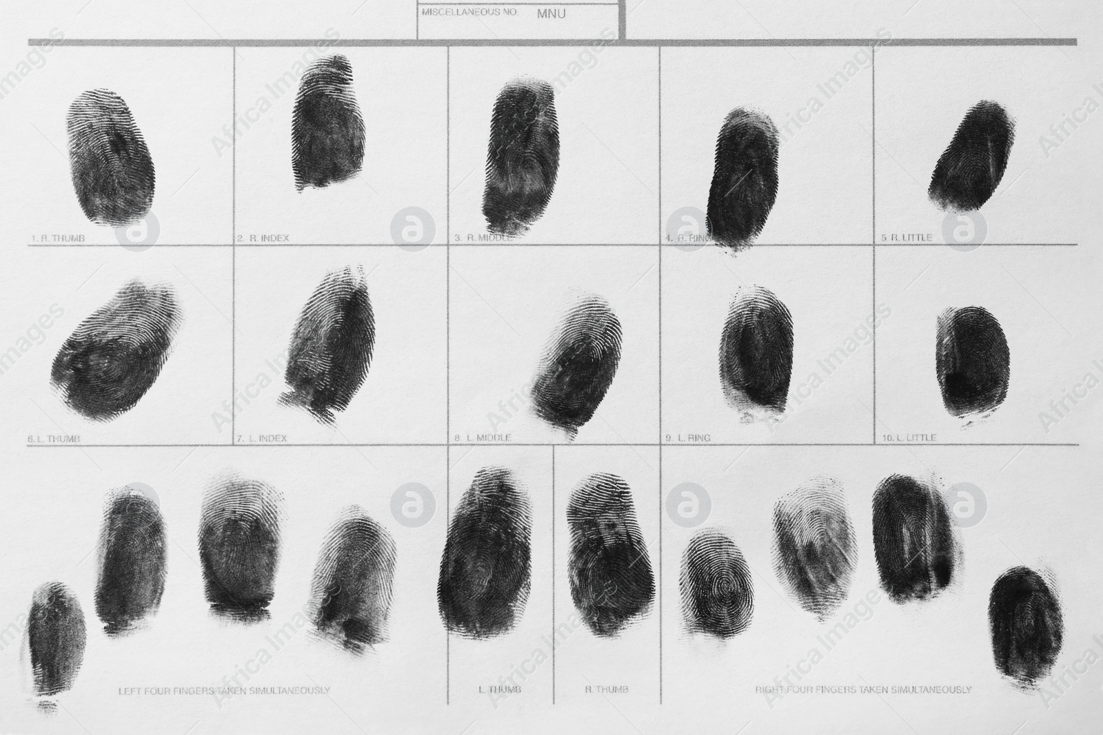 Photo of Police form with fingerprints, top view. Forensic examination