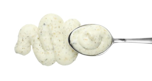 Tasty tartar sauce and spoon isolated on white, top view