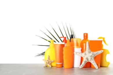 Photo of Composition with sun protection products on white background. Body care