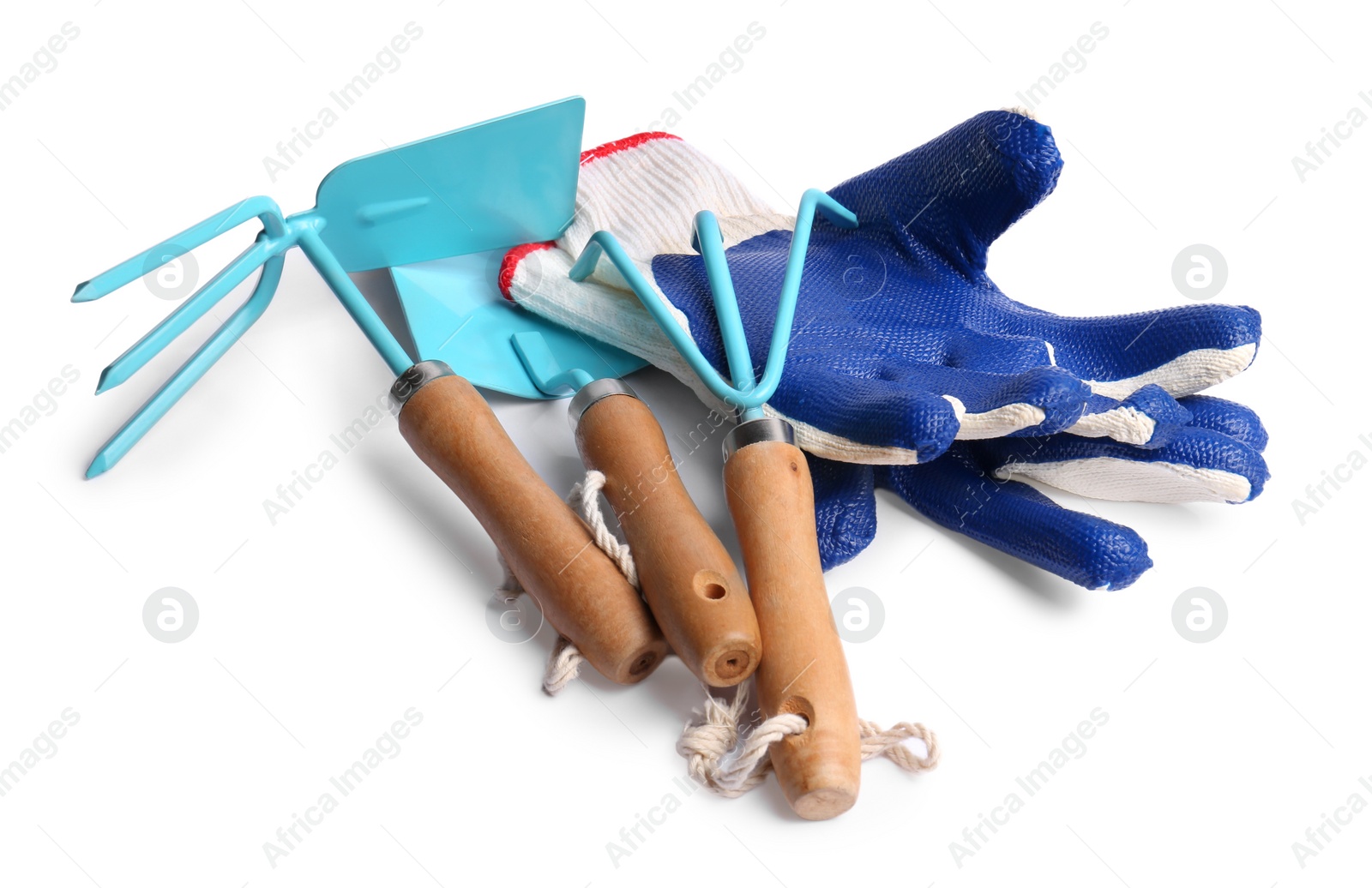 Photo of Pair of gloves and gardening tools on white background