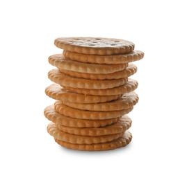 Stack of delicious crispy crackers isolated on white