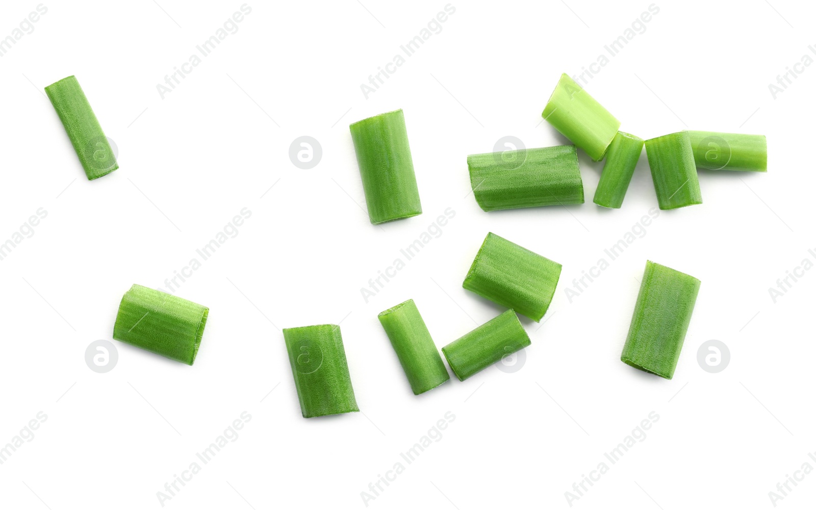 Photo of Fresh chopped green onion isolated on white, top view