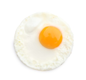 Photo of Fried sunny side up egg on white background, top view