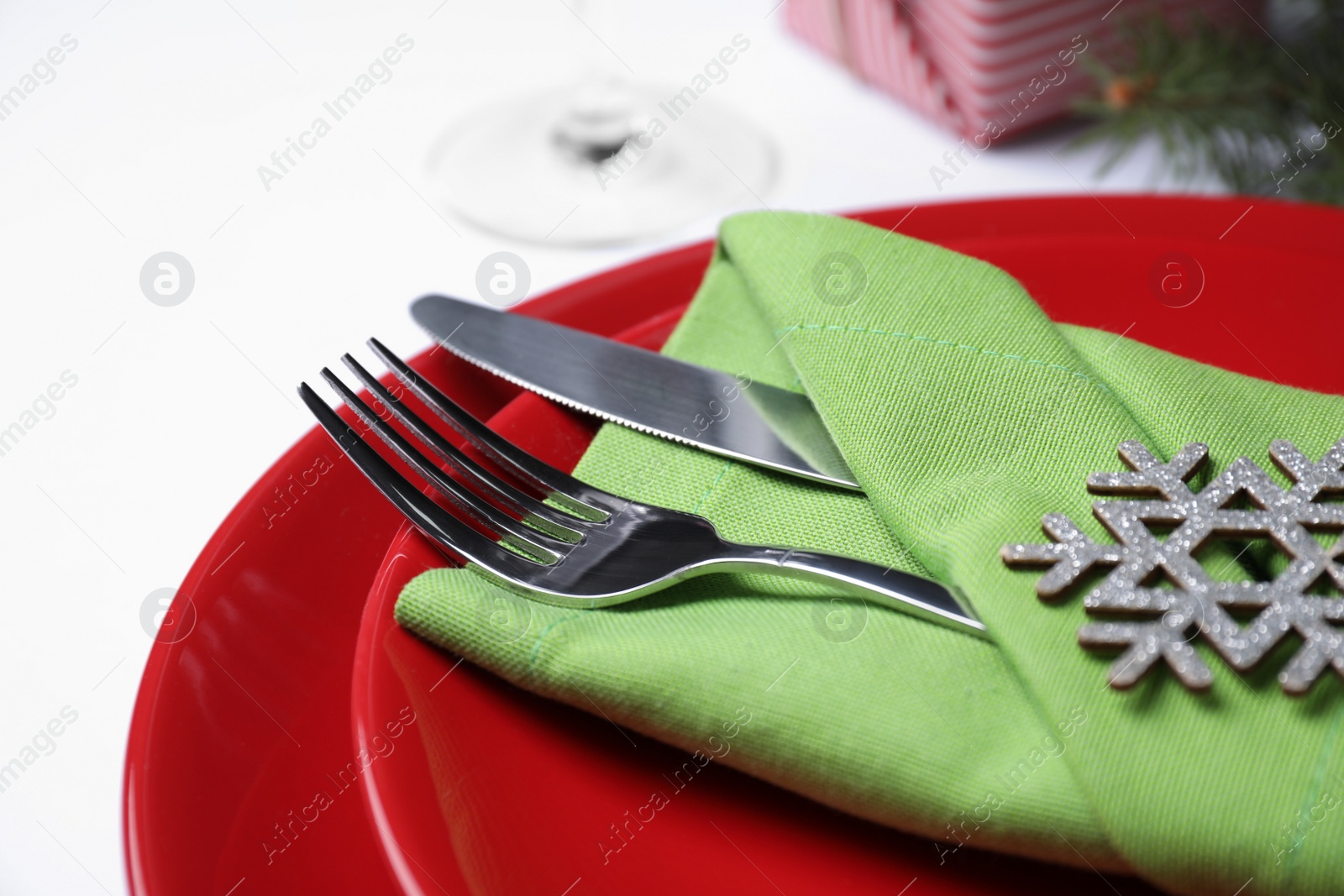 Photo of Stylish table setting on white background, closeup