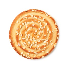 Photo of Grain cereal cookie on white background. Healthy snack