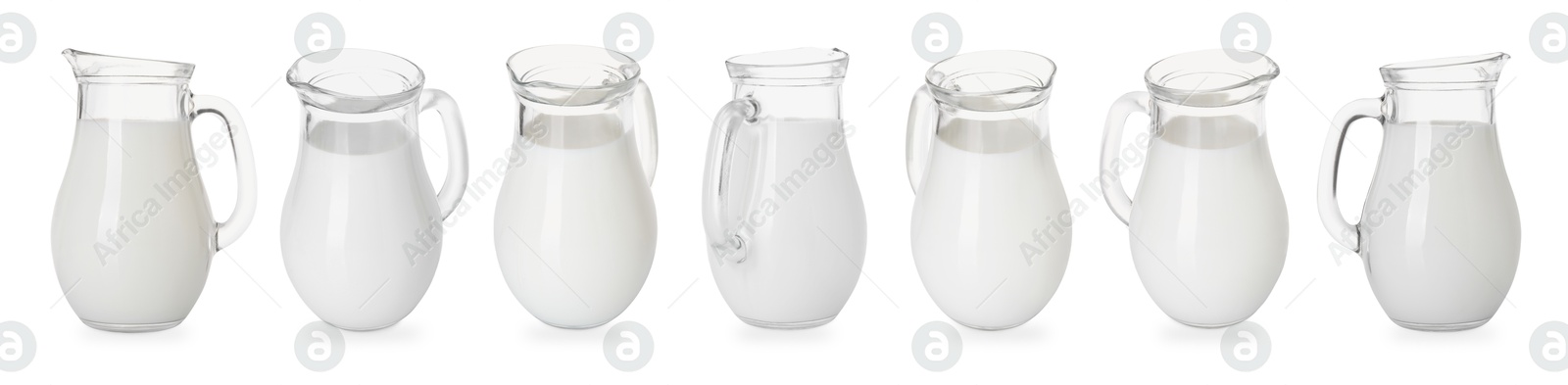 Image of Fresh milk in jug isolated on white, set