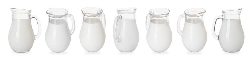 Image of Fresh milk in jug isolated on white, set