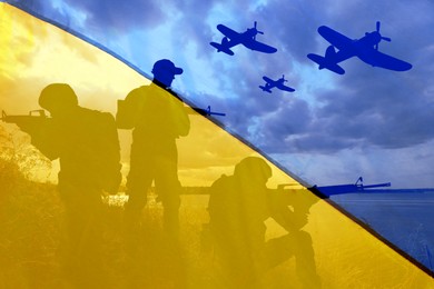 Image of Silhouettes of soldiers with assault rifles and Ukrainian national flag, double exposure