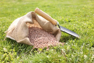 Photo of Granulated fertilizer in sack and shovel on green grass outdoors