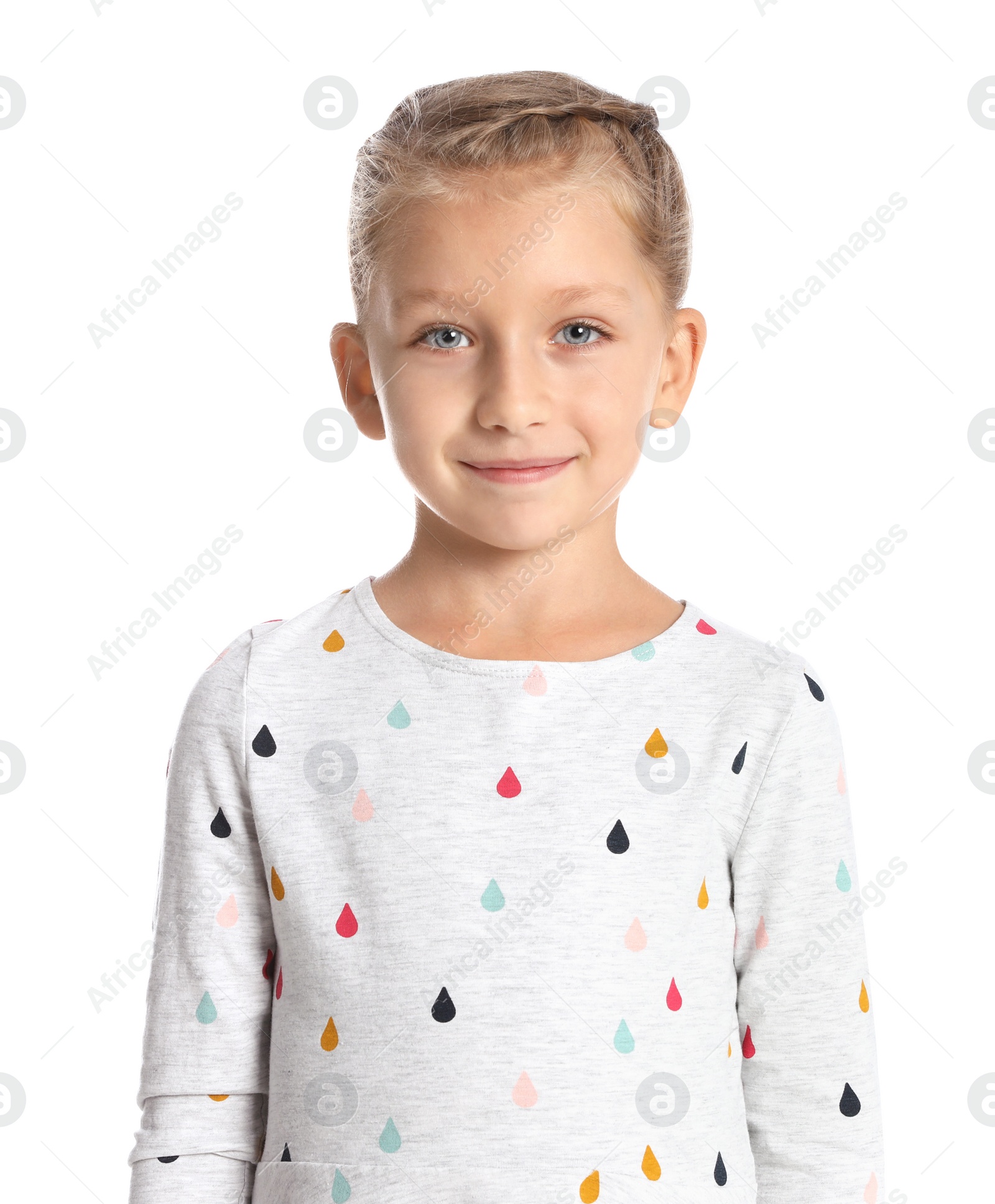 Photo of Portrait of adorable little girl on white background