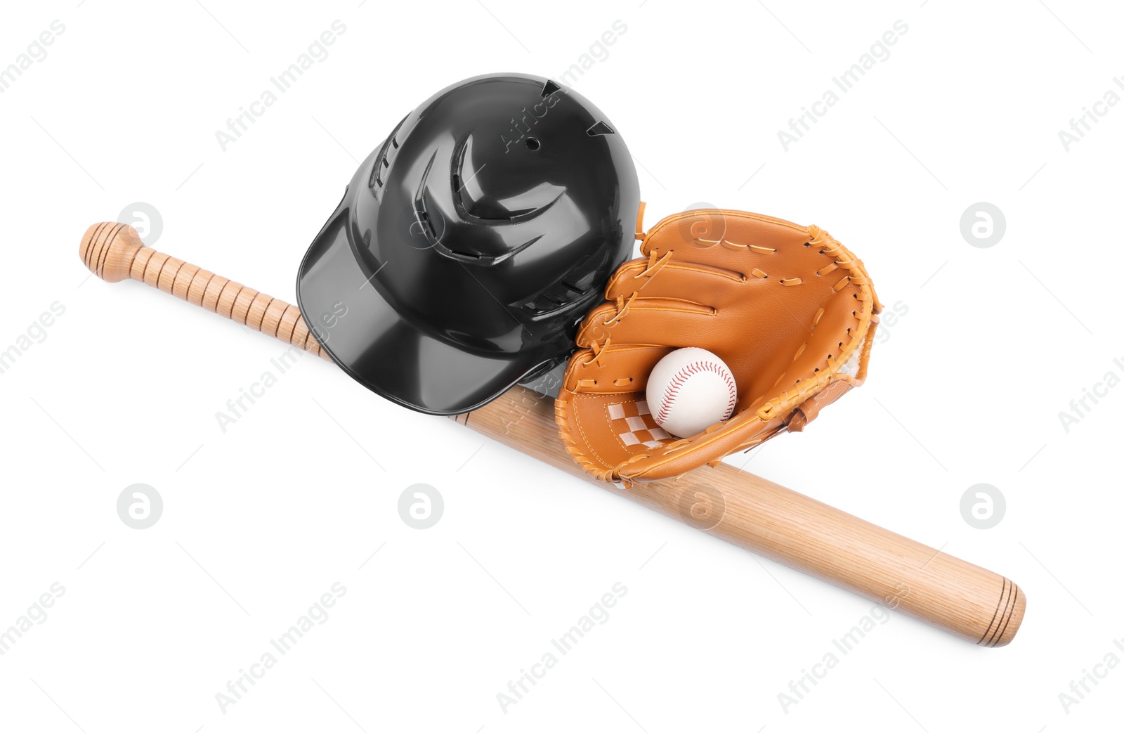 Photo of Baseball glove, bat, ball and batting helmet isolated on white, top view