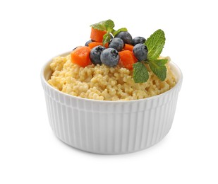 Photo of Tasty millet porridge with blueberries, pumpkin and mint in bowl isolated on white