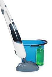 Photo of Modern steam mop and bucket with bottle of cleaning product isolated on white