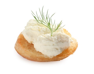 Photo of Piece of baguette with tasty cream cheese and dill on white background