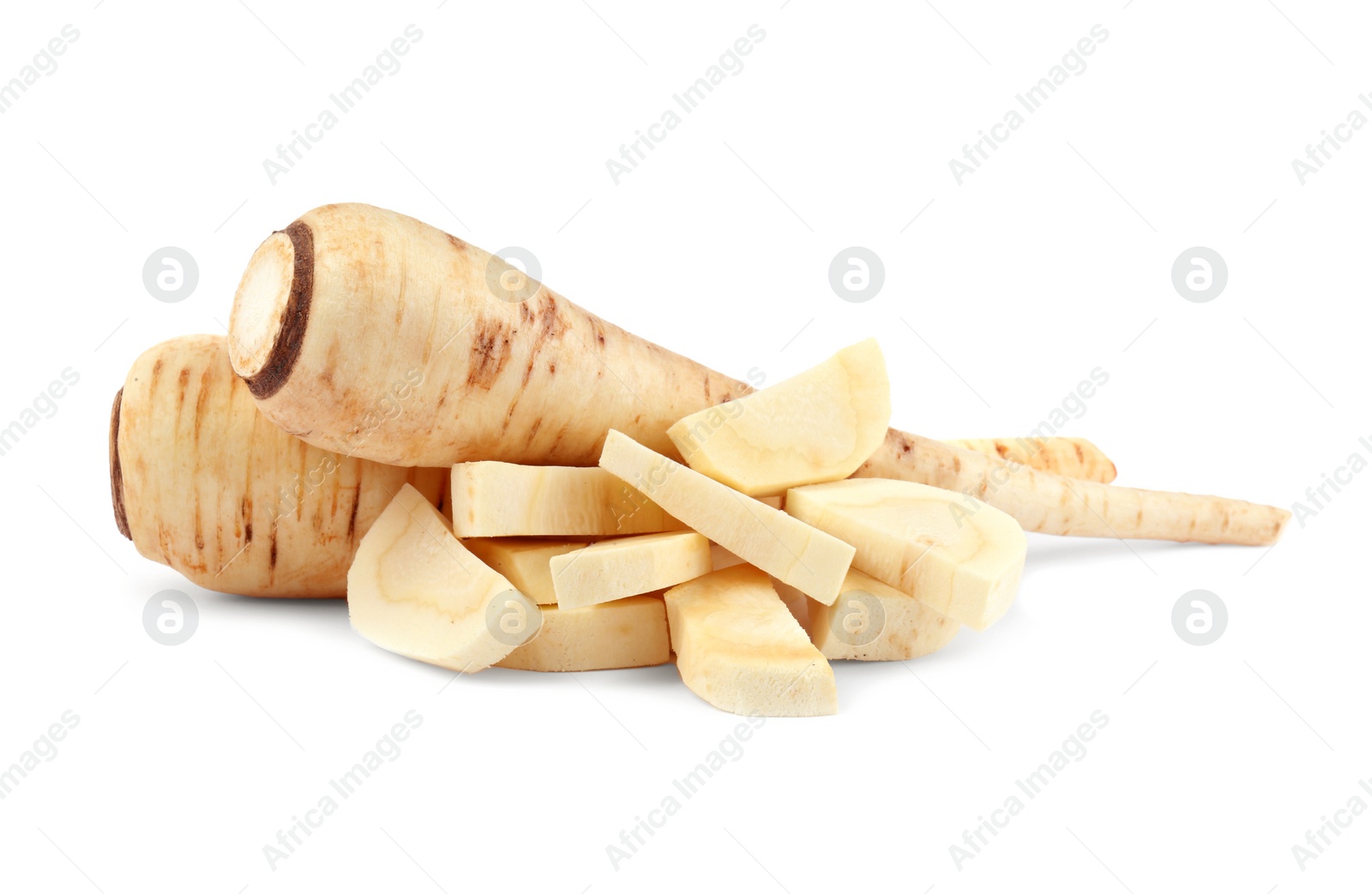 Photo of Tasty fresh ripe parsnips on white background