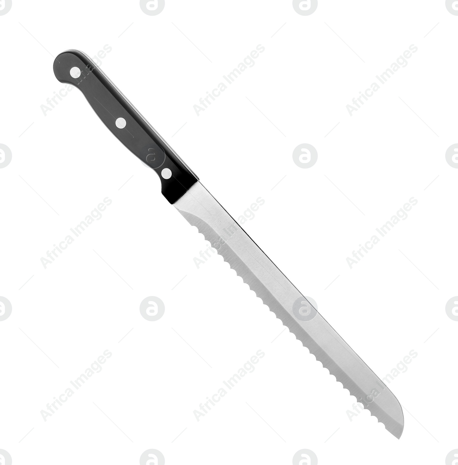 Photo of Bread knife with black handle isolated on white