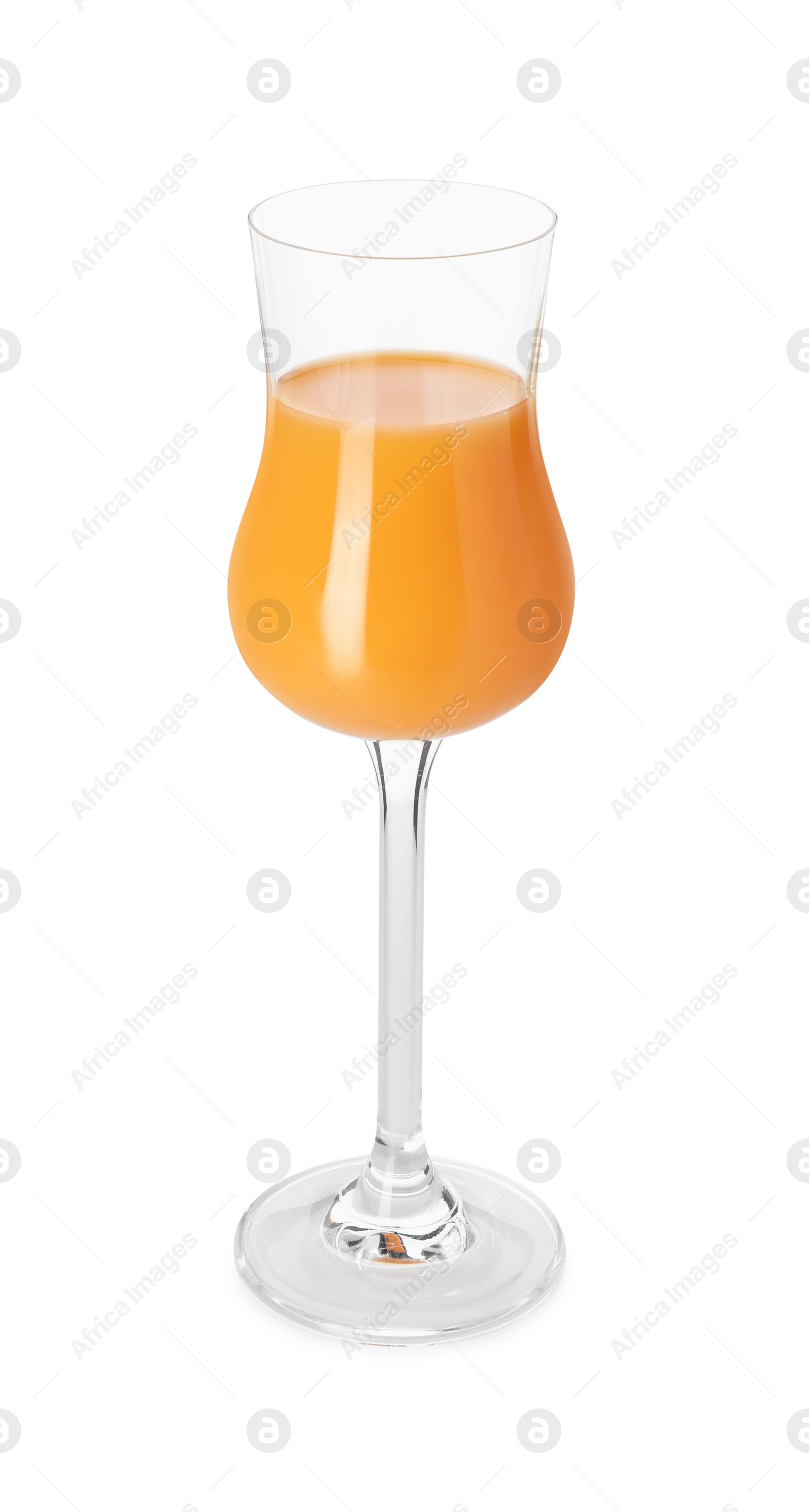 Photo of Glass with tasty tangerine liqueur isolated on white