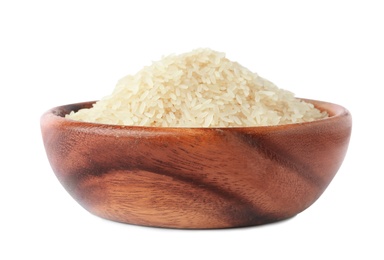 Bowl with uncooked parboiled rice on white background