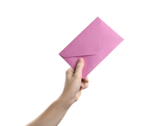 Photo of Woman holding pink paper envelope on white background, closeup