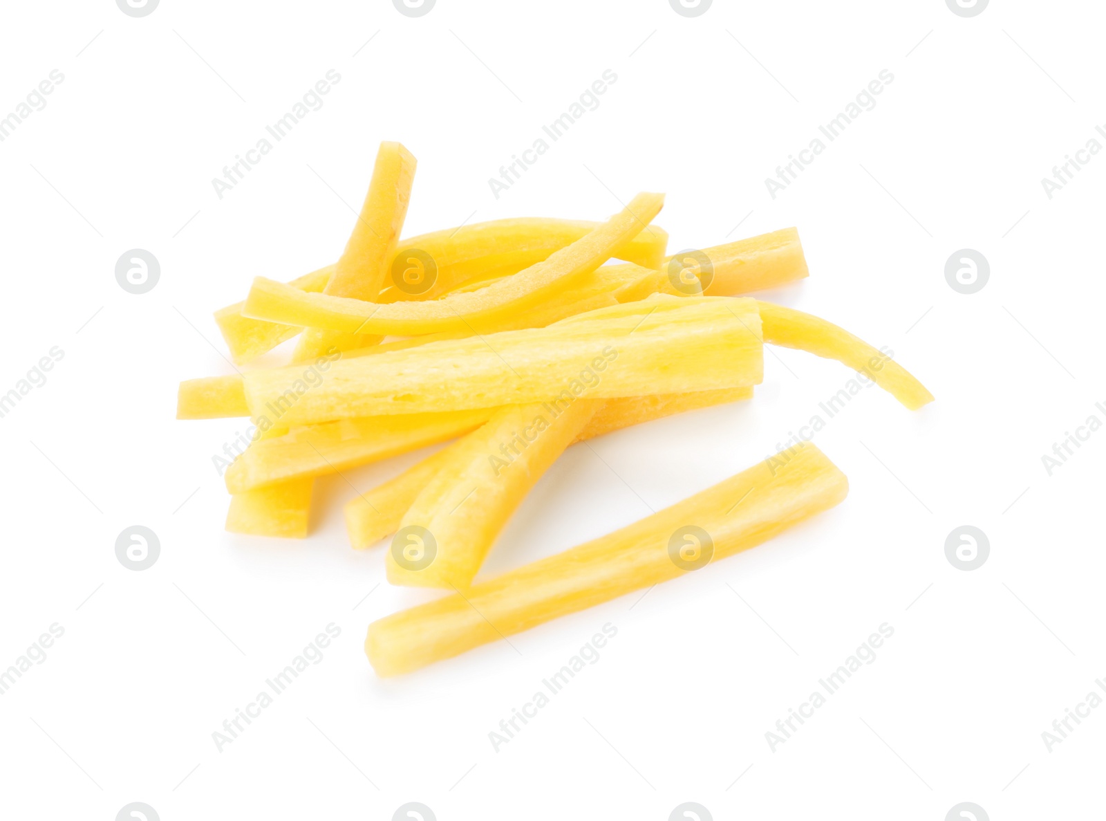 Photo of Raw yellow carrot sticks isolated on white