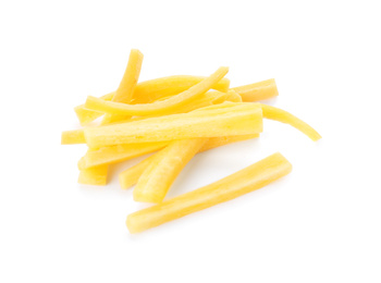 Photo of Raw yellow carrot sticks isolated on white