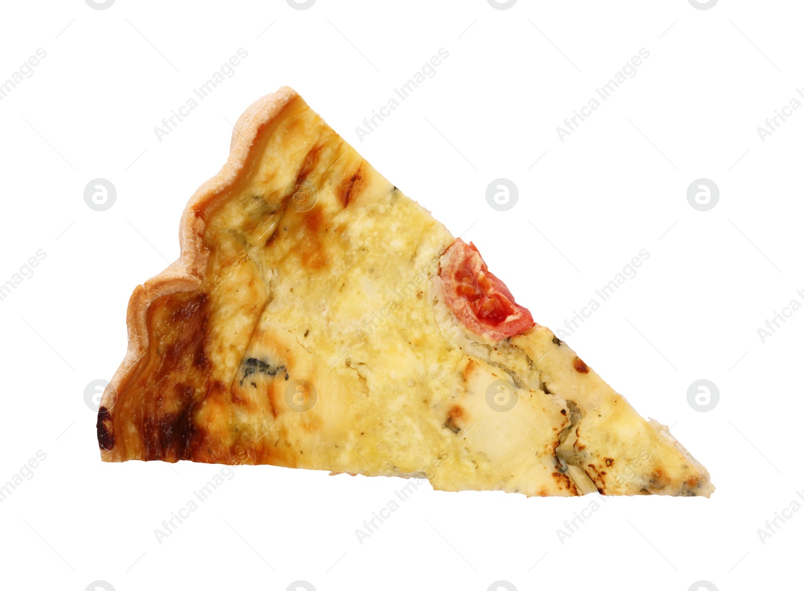 Photo of Piece of delicious homemade cheese quiche isolated on white, top view