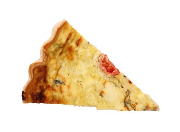 Photo of Piece of delicious homemade cheese quiche isolated on white, top view