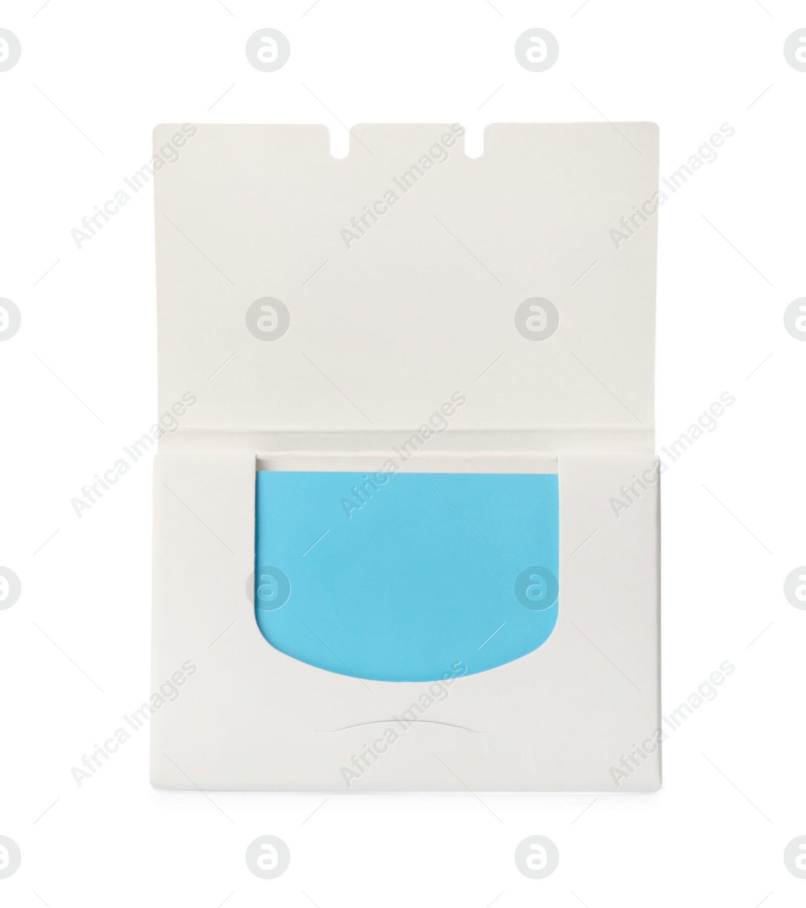 Photo of Open package of facial oil blotting tissues isolated on white