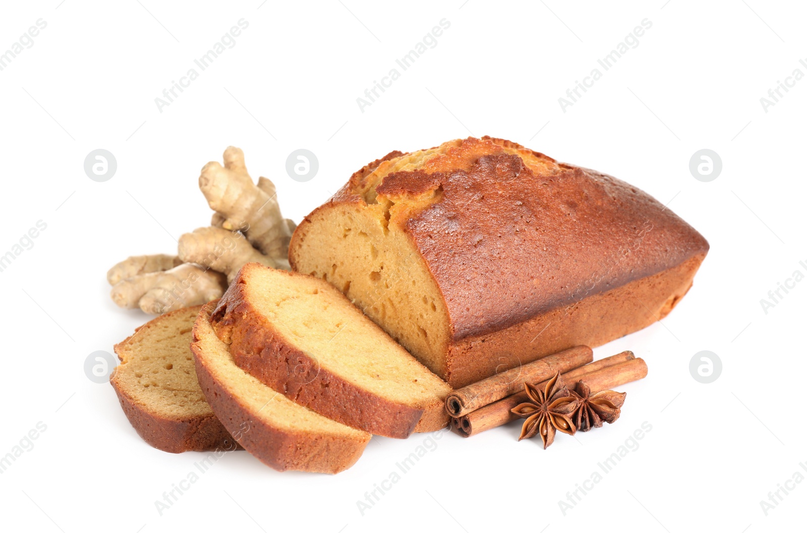 Photo of Delicious gingerbread cake and ingredients on white background