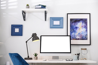 Image of Home workplace with modern computer and desk in room. Mockup for design