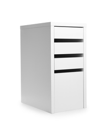 Stylish drawer unit with wheels isolated on white