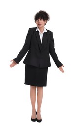 Photo of Beautiful emotional businesswoman in suit on white background