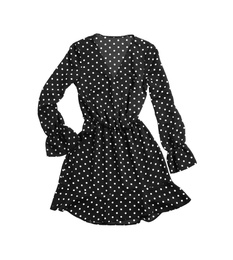 Photo of Black polka dot dress isolated on white, top view