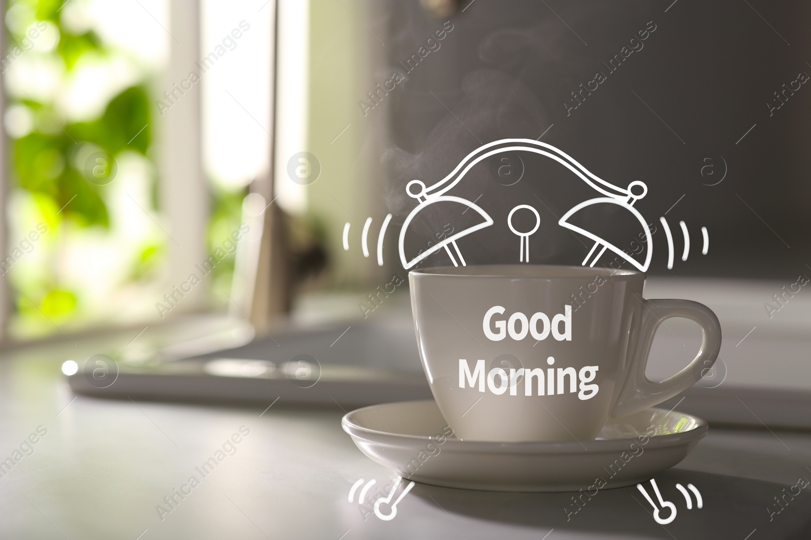 Image of Cup of delicious coffee on kitchen countertop, space for text. Good morning